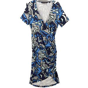 Colleen Lopez Dress Sz M Blue Gray Ruched Side Short Sleeve Faux Wrap V-Neck New